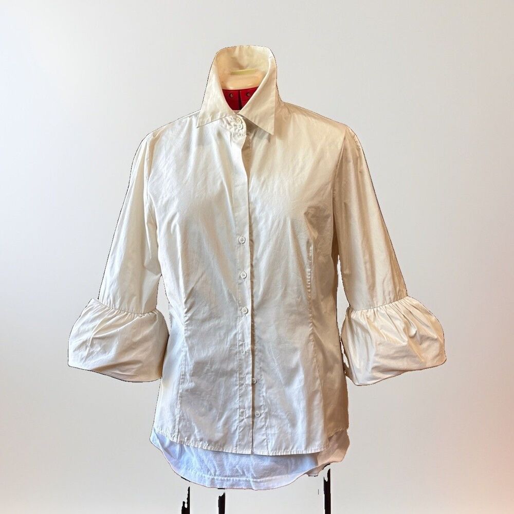 BCBGMAXAZRIA Women's Blush Ivory Ruffle Bell-Sleeve Button-Down Shirt Size L